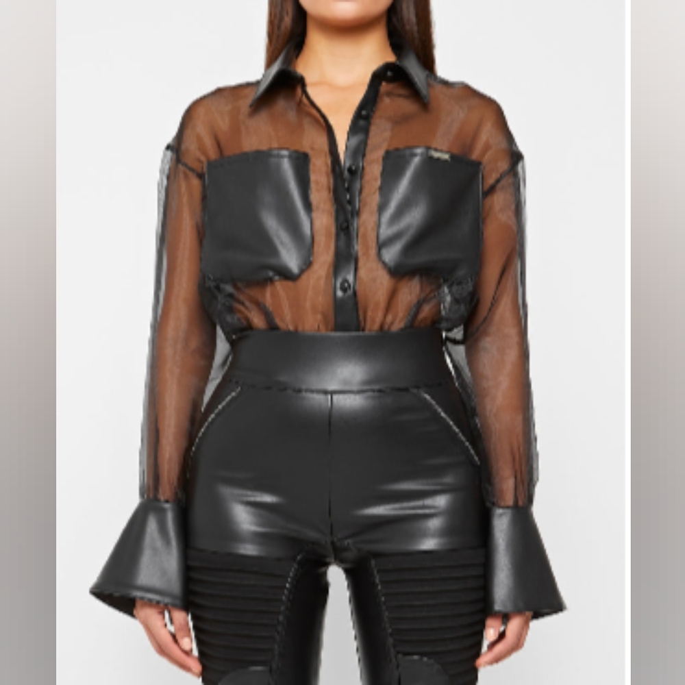Maniere De Voir - Organza Bodysuit. BLACK